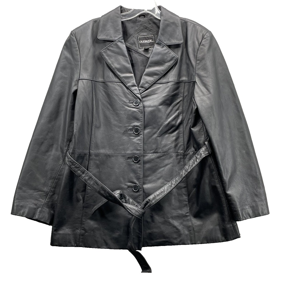 Outbrook 100% Leather Jacket Women's Large Black Belted Corpcore 90's Minimalist